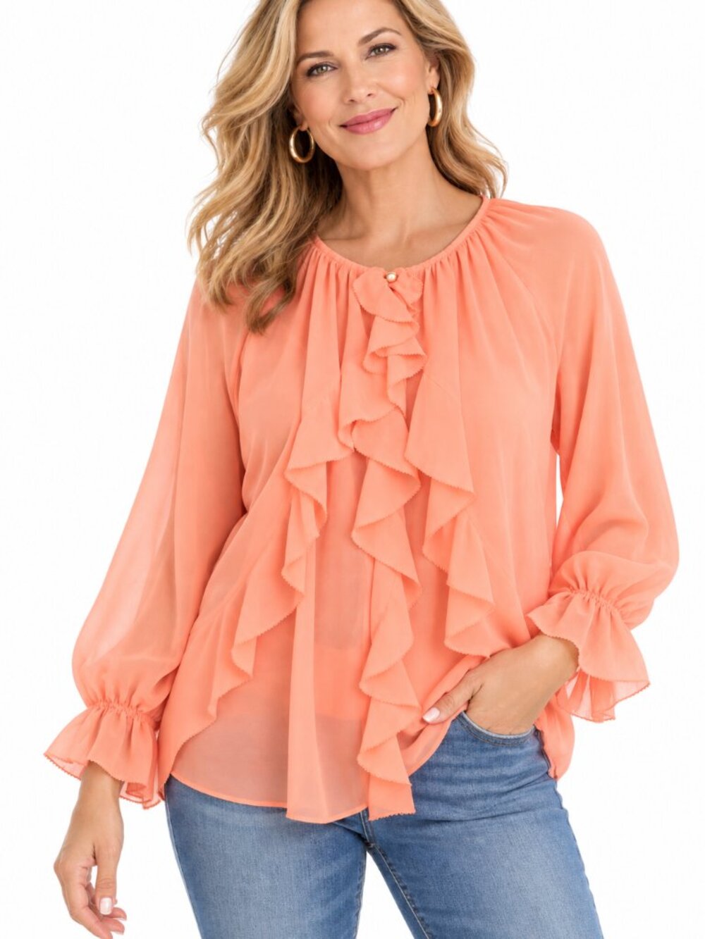 Chico’s Sheer Ruffle Blouse Peach Coral Size 3 XL